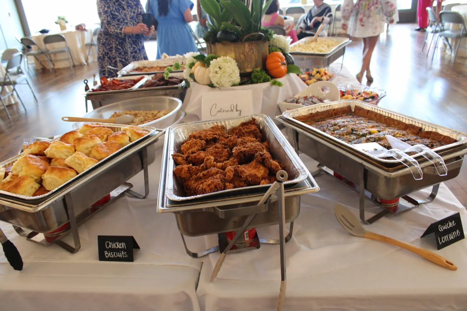 Catered chicken biscuits, fried chicken, and quiche Lorraine